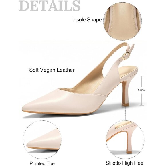 Women's Light Pink Faux Leather Pointed Toe Slingback Stylish Buckle Pump Shoes - Picture 6 of 6